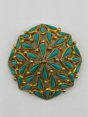 Vintage B.S.K. Domed Brooch in Gold-Tone Metal With Faux Turquoise Large, Signed